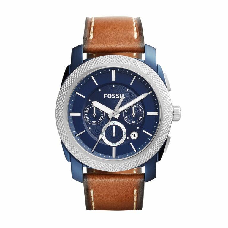 Fossil Machine Chronograph Blue Dial Brown Leather Strap Watch for Men - FS5232