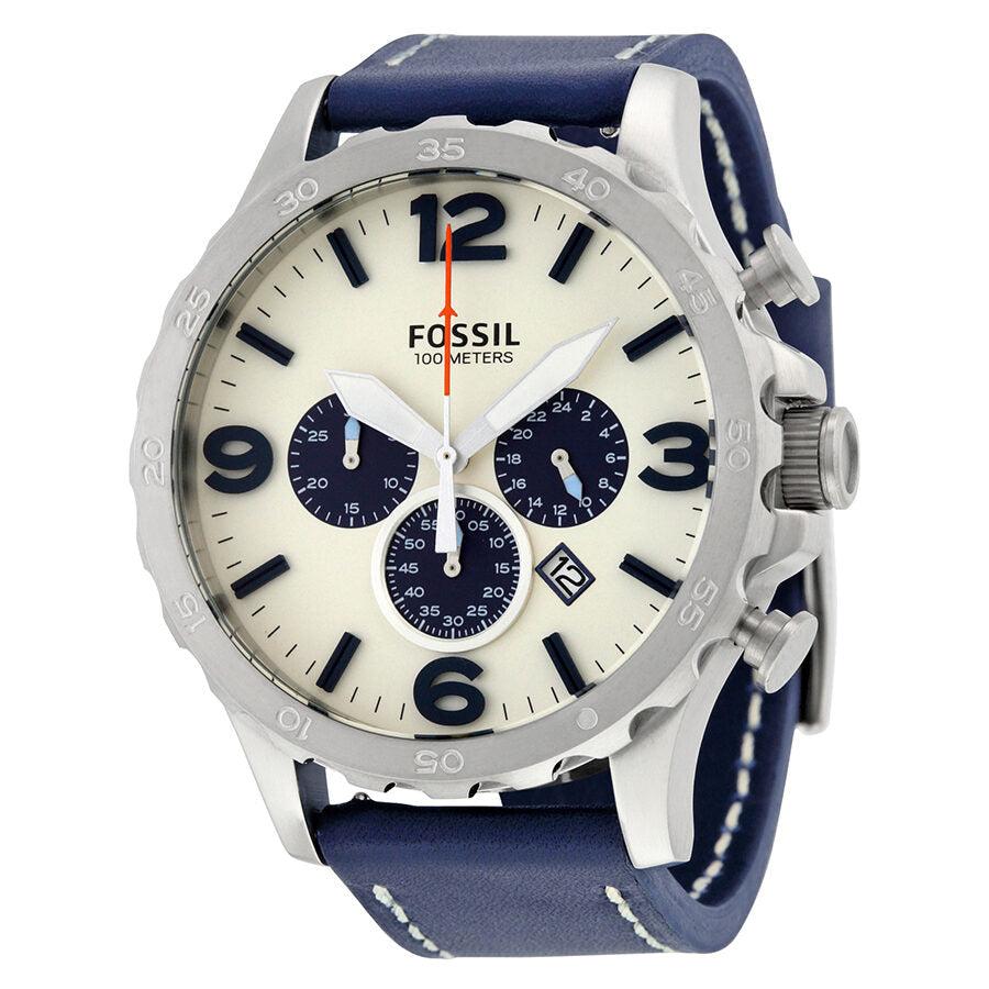 Fossil Nate Chronograph White Dial Blue Leather Strap Watch for Men - JR1480