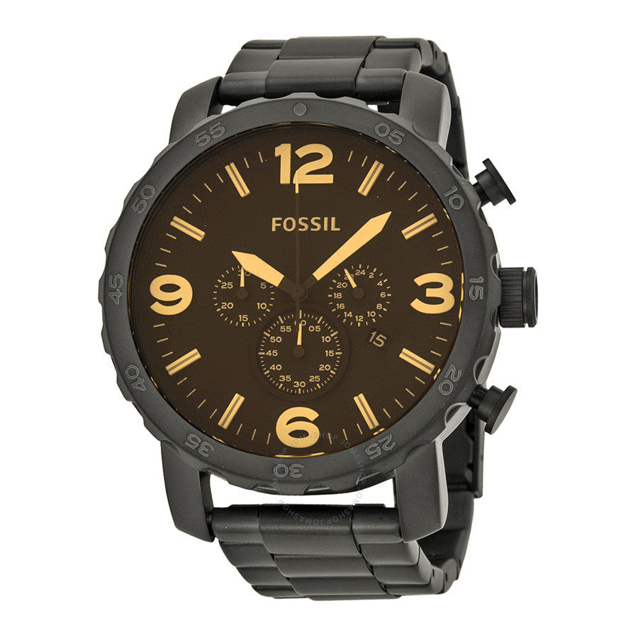 Fossil Nate Chrongraph Ion Plated Black Dial Black Steel Strap Watch for Men - JR1356