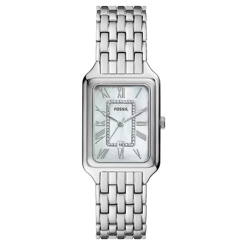 Fossil Raquel Three Hand Date Mother of Pearl Dial Silver Steel Strap Watch for Women - ES5306