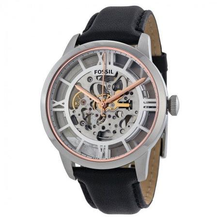 Fossil Townsman Automatic Skeleton Silver Dial Black Leather Strap Watch for Men - ME3041