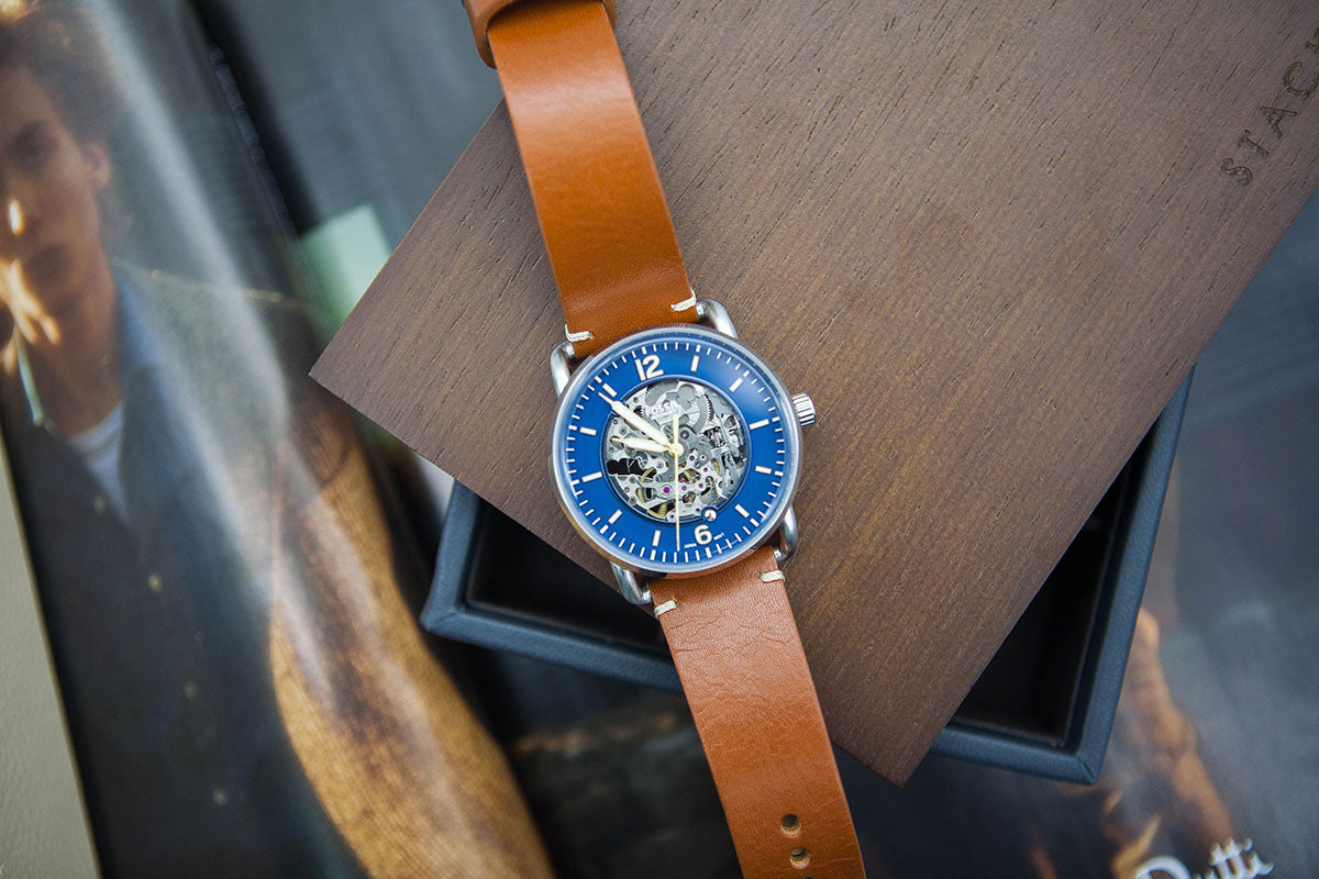 Fossil Commuter Automatic Skeleton Blue Dial Brown Leather Strap Watch for Men - ME3159
