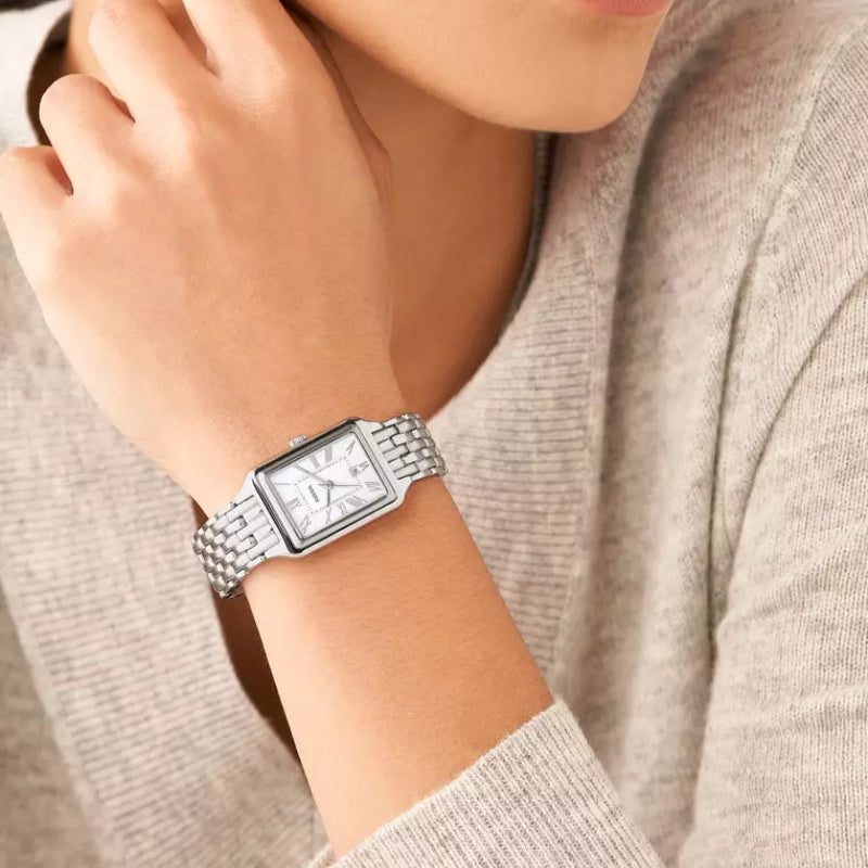 Fossil Raquel Three Hand Date Mother of Pearl Dial Silver Steel Strap Watch for Women - ES5306