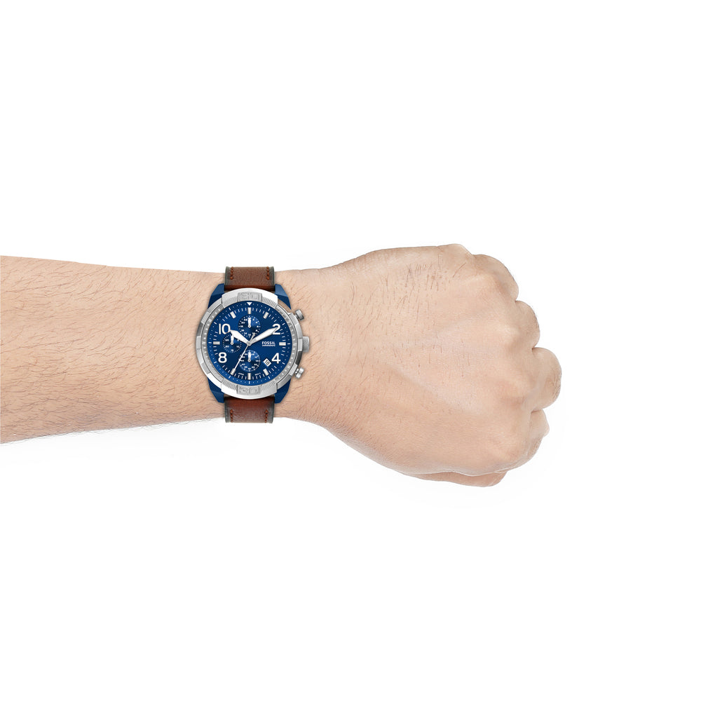Fossil Bronson Chronograph Luggage Blue Dial Brown Leather Strap Watch for Men - FS5829