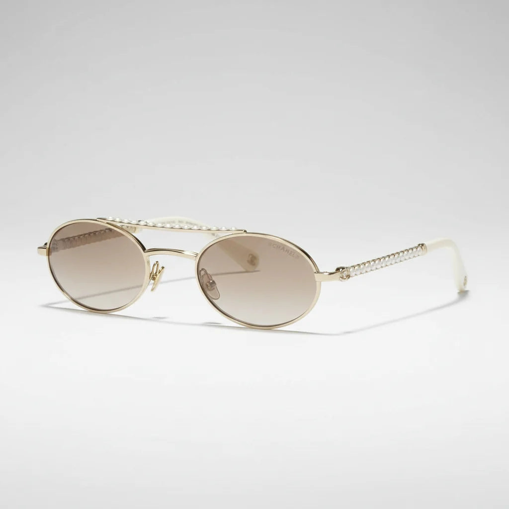 Chanel Women Oval Metal & Imitation Pearl Gold & Brown Gradient Sunglasses