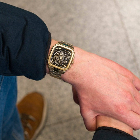 Fossil Inscription Automatic Skeleton Black Dial Gold Steel Strap Watch for Men - BQ2573
