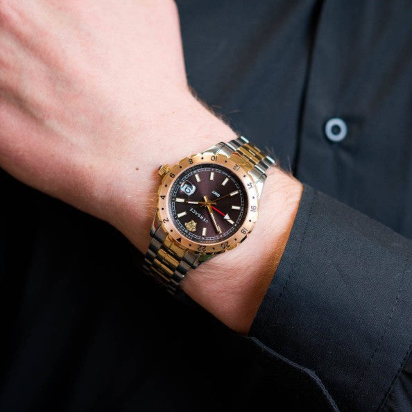 Versace Hellenyium GMT Black Dial Two Tone Steel Strap Watch for Men - V11040015