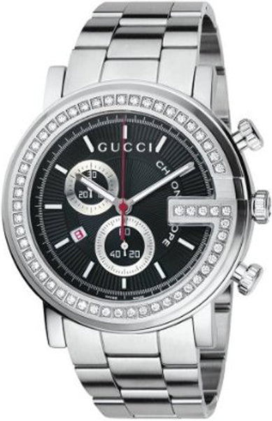 Gucci G Chrono Diamonds Black Dial Silver Steel Strap Watch For Men - YA101324