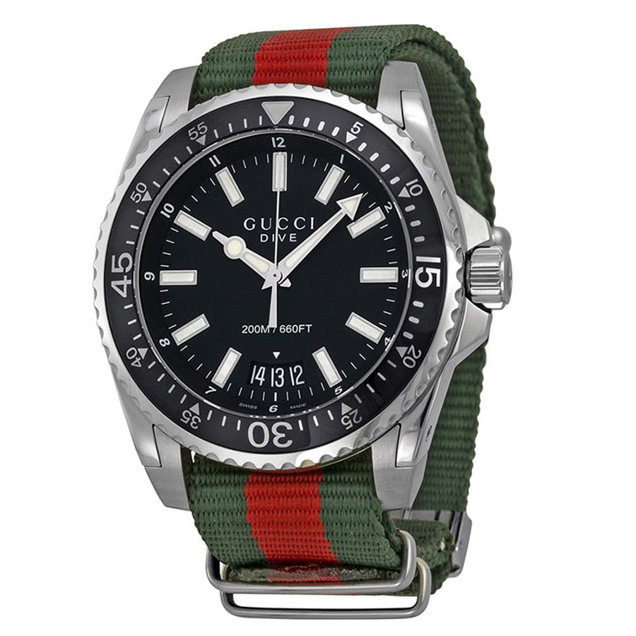 Gucci Dive Black Dial Two Tone NATO Strap Watch For Men - YA136206