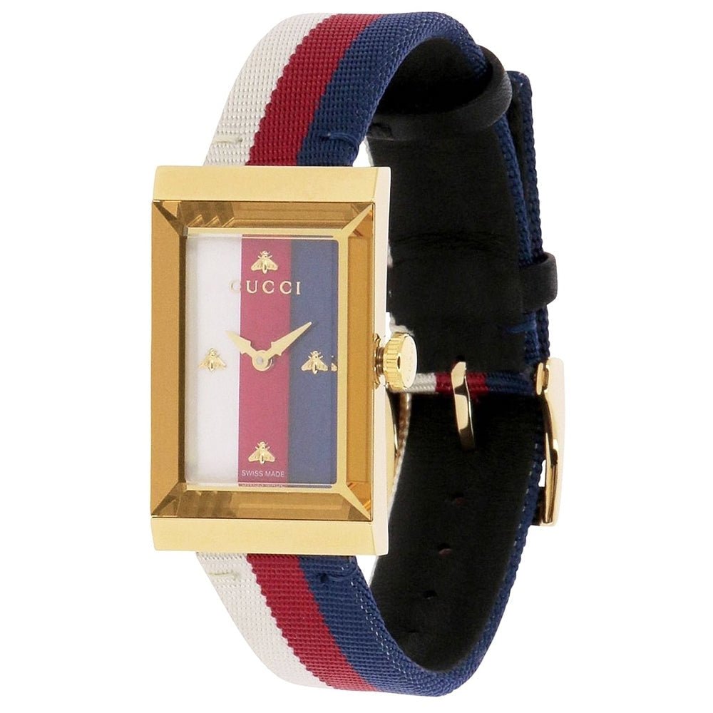 Gucci G-Frame Mother of Pearl Dial White Blue Red Nylon Strap Watch For Women - YA147405