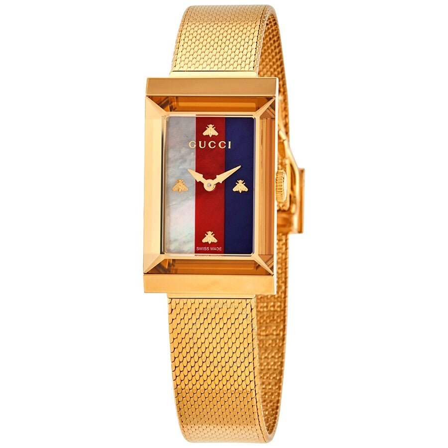 Gucci G-Frame Mother of Pearl Dial Yellow Gold Mesh Bracelet Watch For Women - YA147410