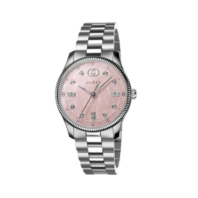 Gucci G Timeless Diamonds Mother of Pearl Pink Dial Silver Steel Strap Watch for Women - YA1265062