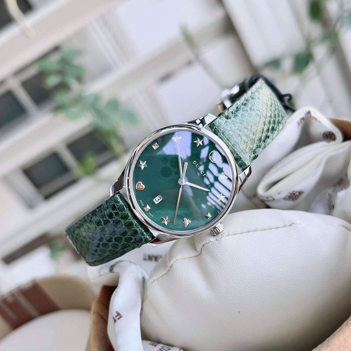 Gucci G-Timeless Green Mother of Pearl Dial Green Leather Strap Watch For Women - YA126585