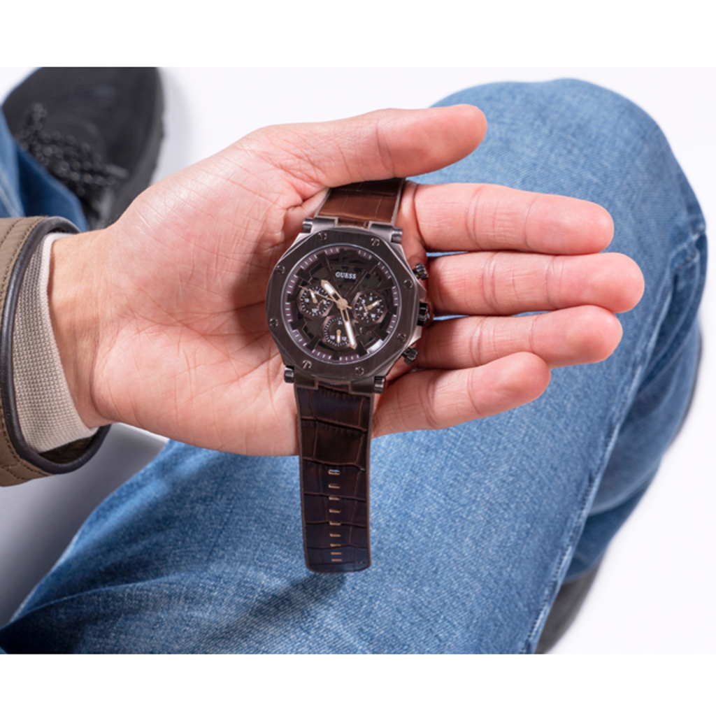 Guess Edge Chronograph Brown Dial Brown Leather Strap Watch For Men - GW0492G2