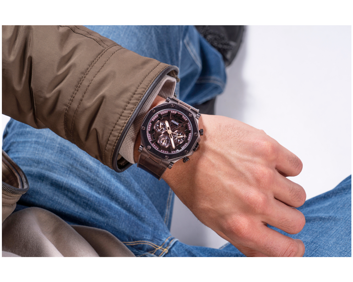 Guess Edge Chronograph Brown Dial Brown Leather Strap Watch For Men - GW0492G2