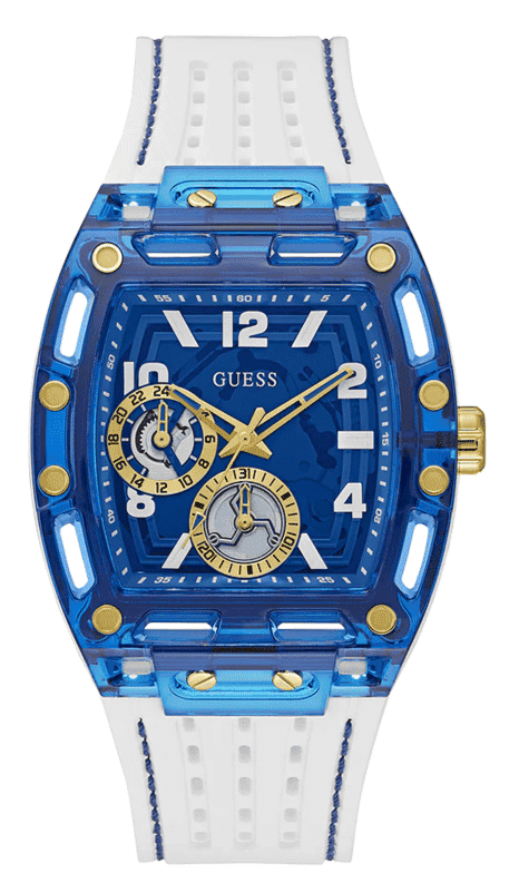 Guess Phoenix Multifunction Blue Dial White Rubber Strap Watch for Men - GW0499G6