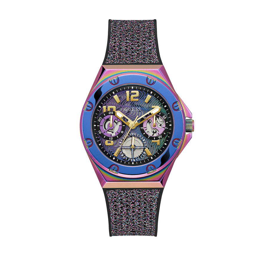Guess Multifunction Analog Purple Dial Black Rubber Strap Watch For Women - GW0620L4
