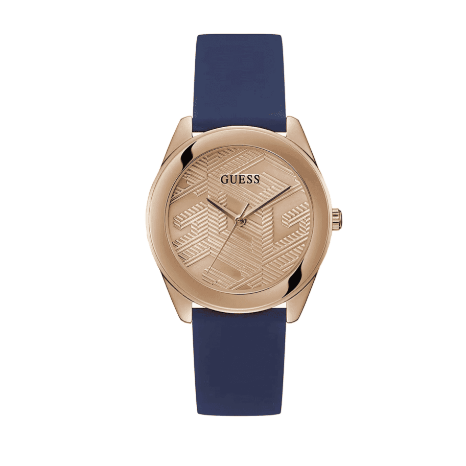 Guess Cubed Analog Rose Gold Dial Blue Leather Strap Watch For Women - GW0665L2