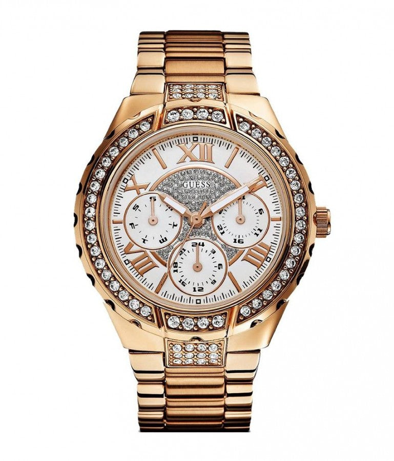 Guess Viva Diamonds White Dial Rose Gold Steel Strap Watch for Women - W0111L3