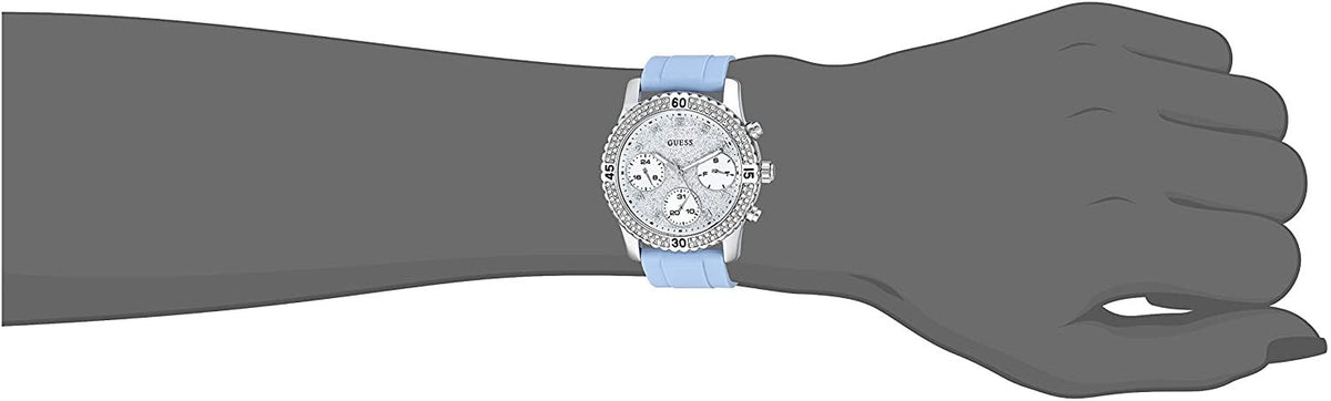 Guess Confetti Crystal Silver Dial Blue Rubber Strap Watch For Women - W1098L3