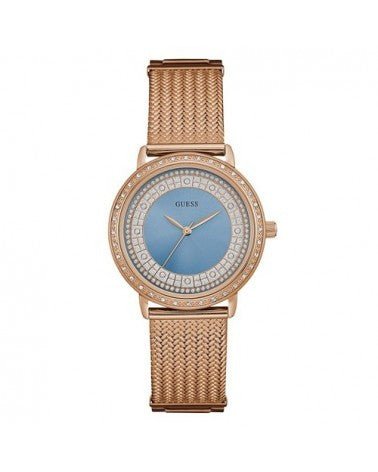 Guess Willow Crystal Blue Dial Rose Gold Mesh Bracelet Watch For Women - W0836L1
