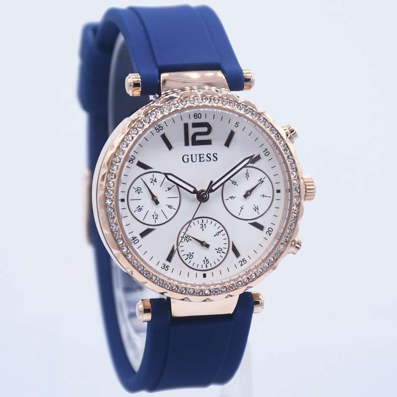 Guess Solstice Diamonds Silver Dial Blue Rubber Strap Watch for Women - GW0113L3