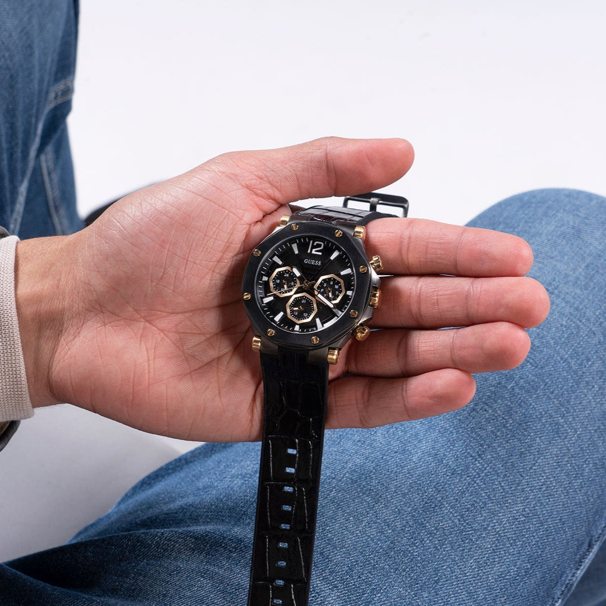 Guess Edge Chronograph Black Dial Black Leather Strap Watch For Men - GW0492G1