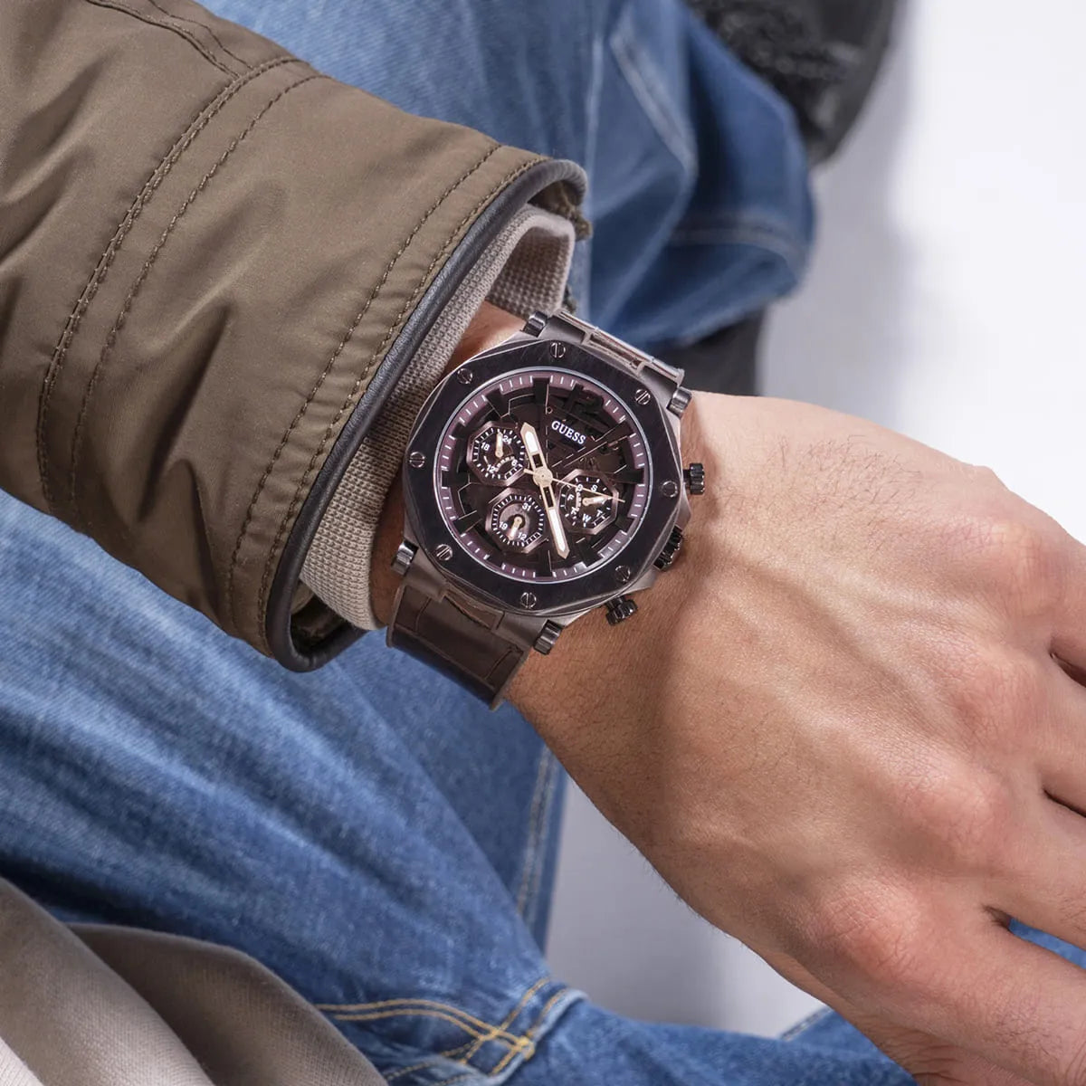 Guess Edge Chronograph Brown Dial Brown Leather Strap Watch For Men - GW0492G2