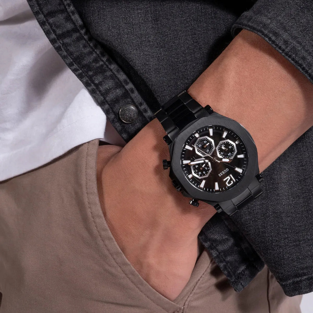 Guess Edge Chronograph Black Dial Black Steel Strap Watch For Men - GW0539G3