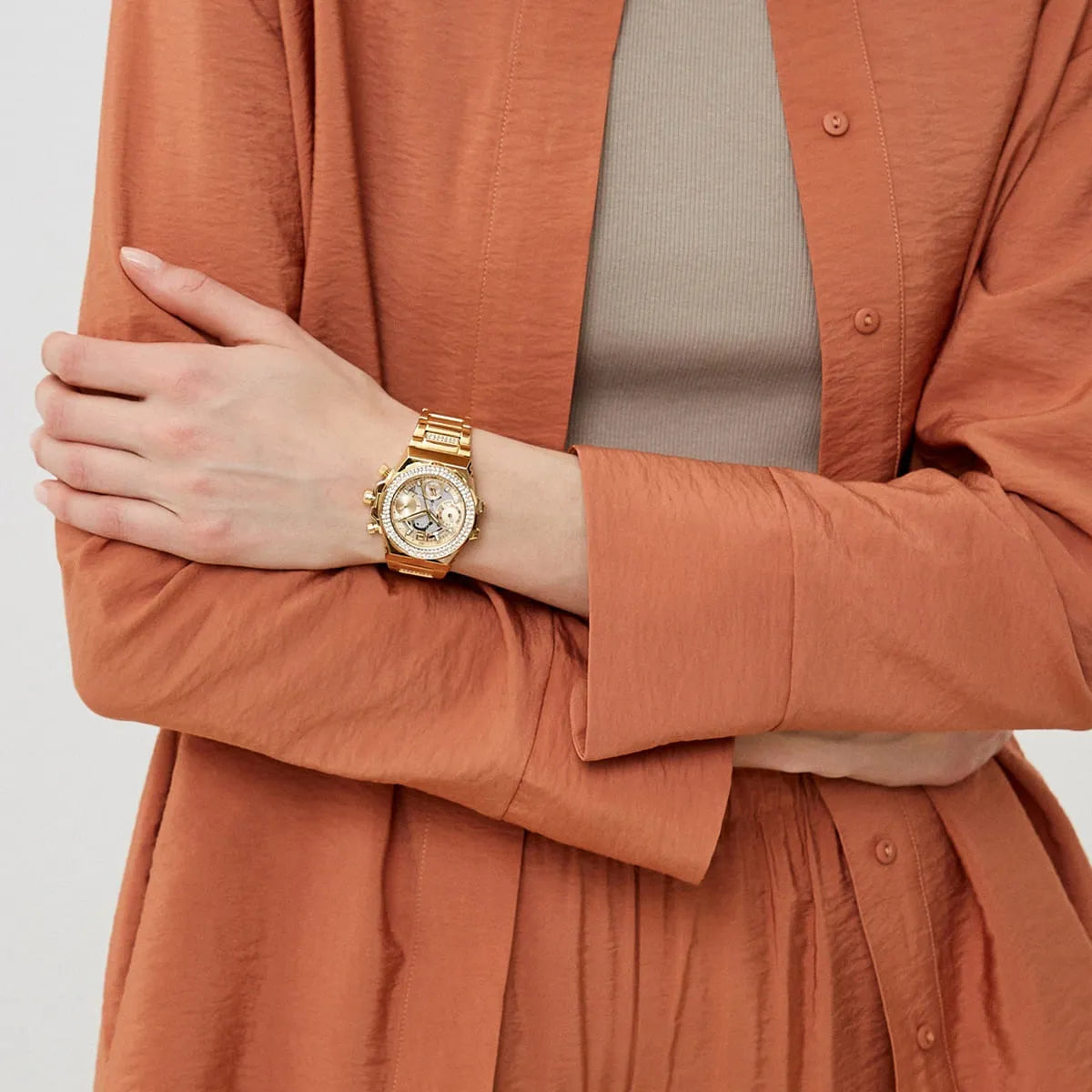Guess Fusion Chronograph Gold Dial Gold Steel Strap Watch for Women - GW0552L2
