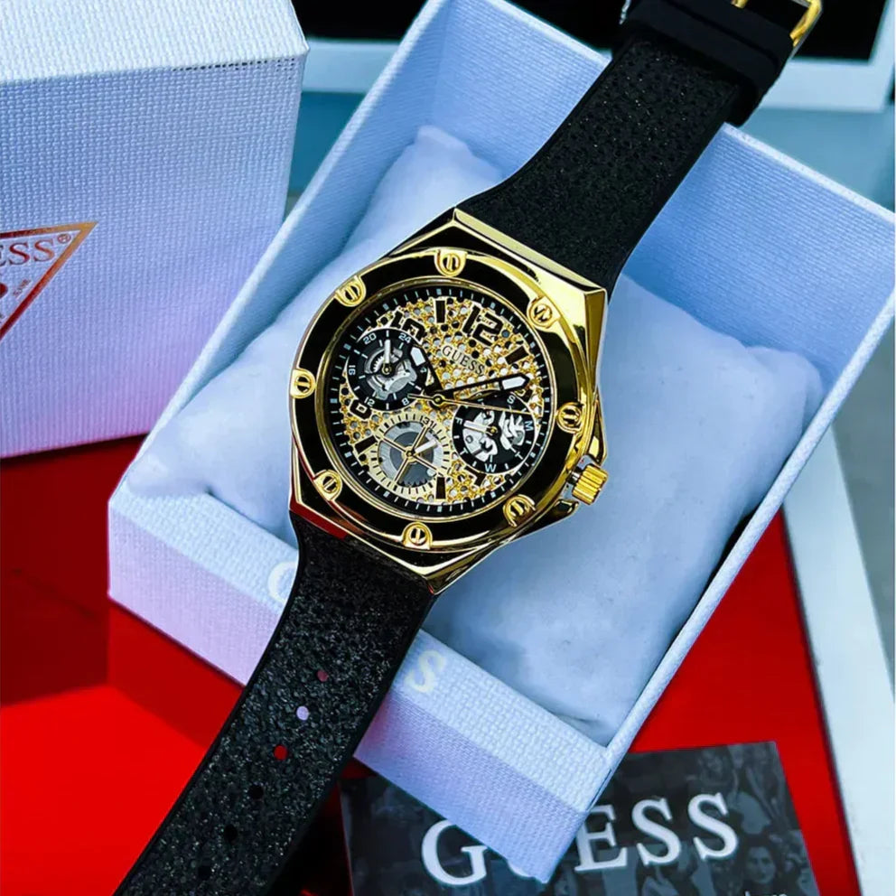 Guess Asteria Multifunction Gold Dial Black Rubber Strap Watch For Women - GW0620L2