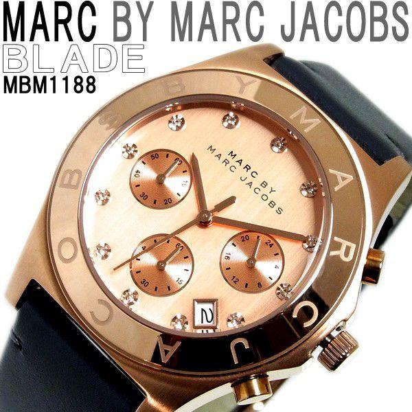 Marc Jacobs Blade Chronograph Rose Gold Dial Black Leather Strap Watch for Women - MBM1188