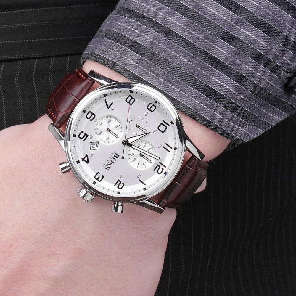 Hugo Boss Aeroliner Chronoraph White Dial Brown Leather Strap Watch For Men - 1512447