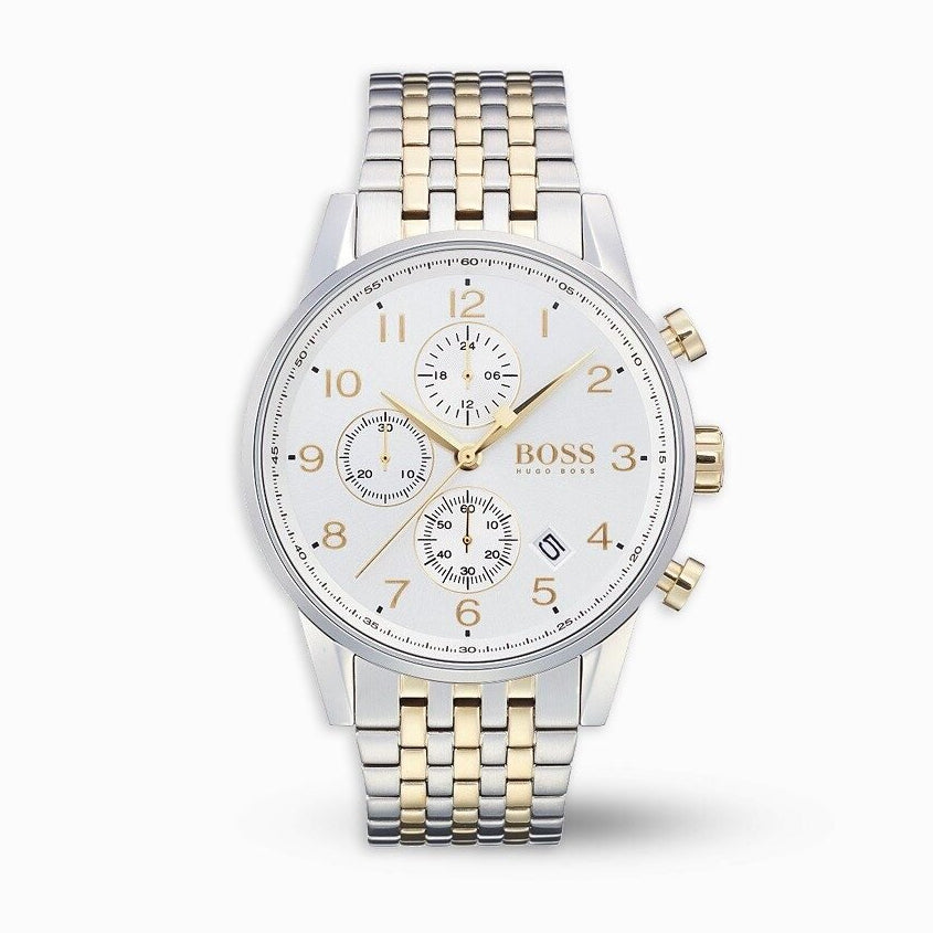 Hugo Boss Navigator Chronograph White Dial Two Tone Steel Strap Watch for Men - 1513499