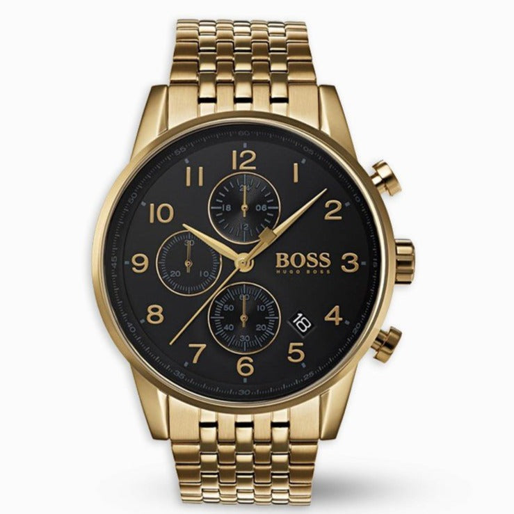 Hugo Boss Navigator Chronograph Black Dial Gold Steel Strap Watch for Men - 1513531