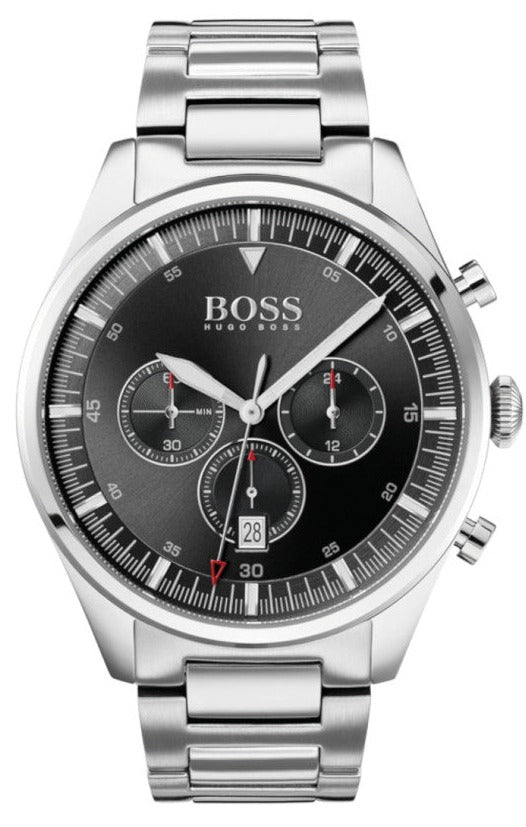 Hugo Boss Pioneer Chronograph Black Dial Silver Steel Strap Watch for Men - 1513712