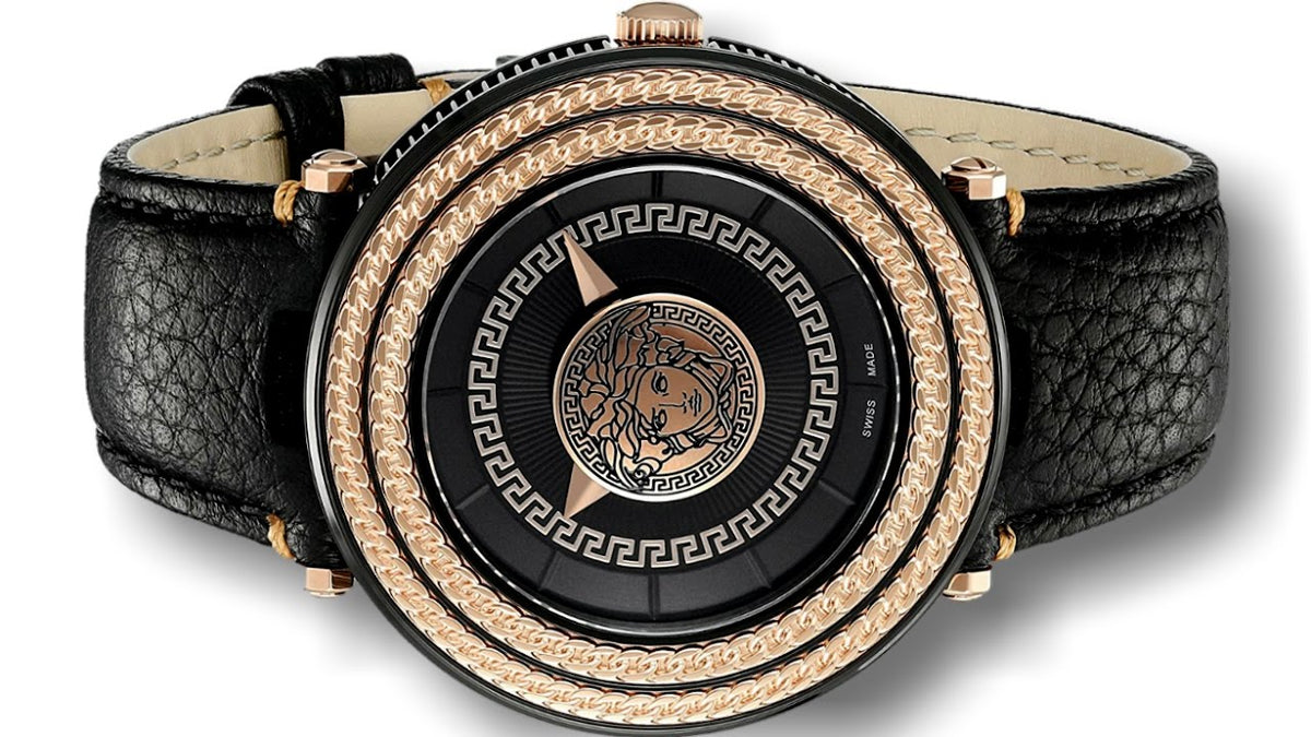 Versace V-Metal Icon Black Dial Black Leather Strap Watch For Men - VQL030015