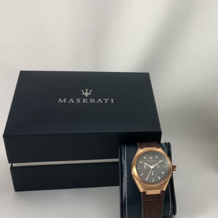 Maserati Triconic Chronograph Grey Dial Brown Leather Strap Watch For Men - R8871639003