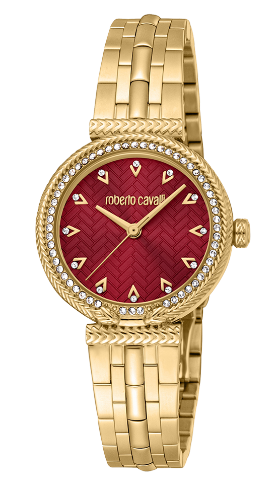 Just Cavalli Chiarezza Snake Core Red Dial Gold Steel Strap Watch for Women - RC5L078M0035
