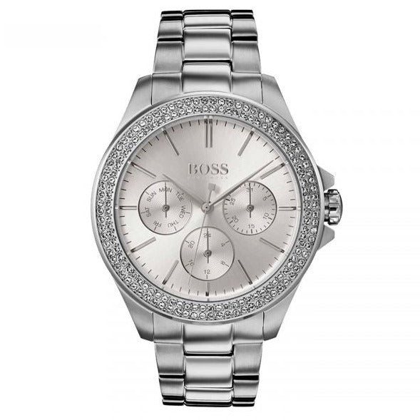 Hugo Boss Premiere Chronograph Silver Dial Silver Steel Strap Watch for Women - 1502442