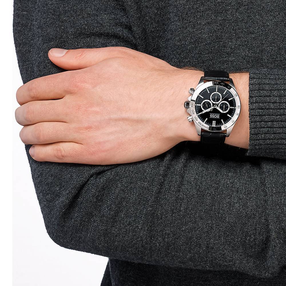 Hugo Boss Ikon Chronograph Black Dial Black Leather Strap Watch for Men - 1513178