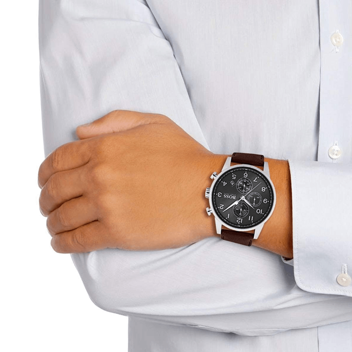 Hugo Boss Navigator Chronograph Grey Dial Brown Leather Strap Watch for Men - 1513494