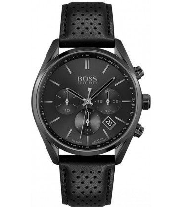 Hugo Boss Champion Chronograph Black Dial Black Leather Strap Watch for Men - 1513880
