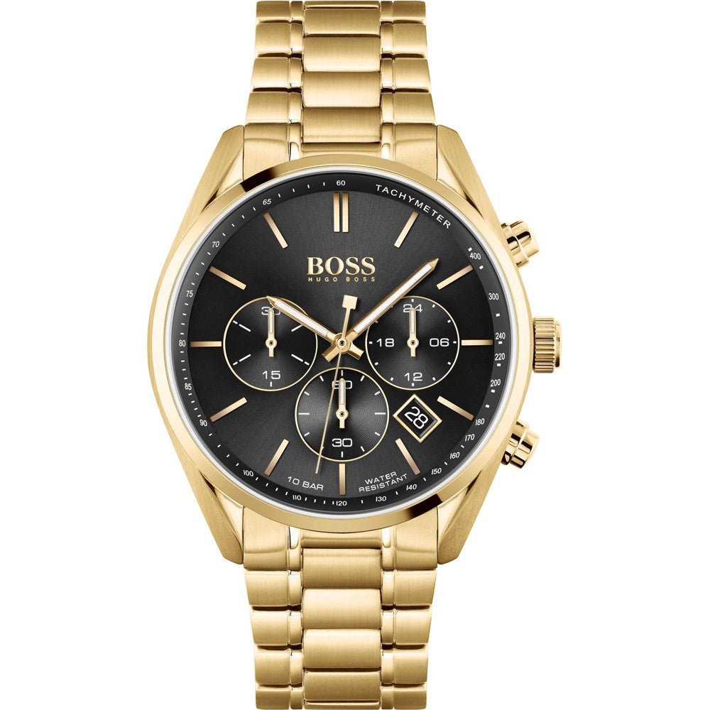 Hugo Boss Champion Chronograph Black Dial Gold Steel Strap Watch for Men - 1513848