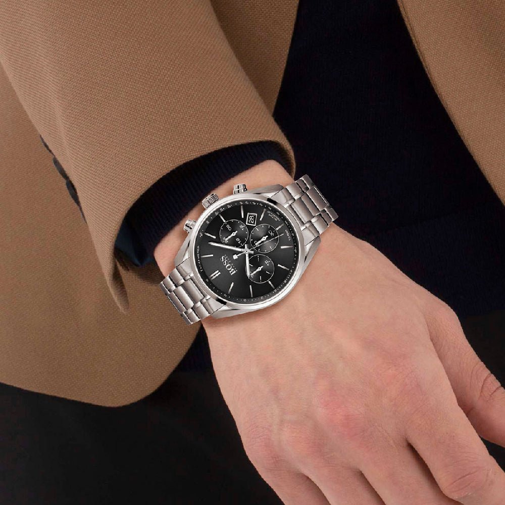 Hugo Boss Champion Chronograph Black Dial Silver Steel Strap Watch for Men - 1513871