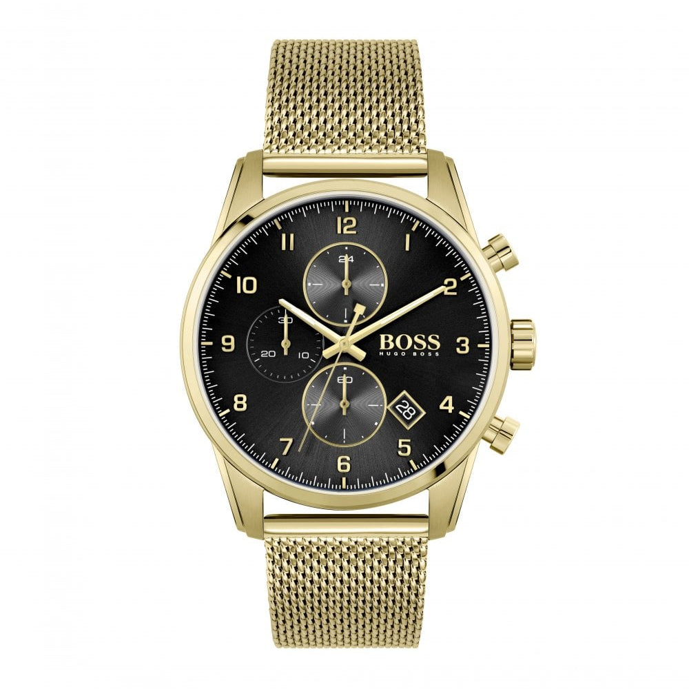 Hugo Boss Skymaster Chronograph Black Dial Gold Mesh Bracelet Watch for Men - 1513838