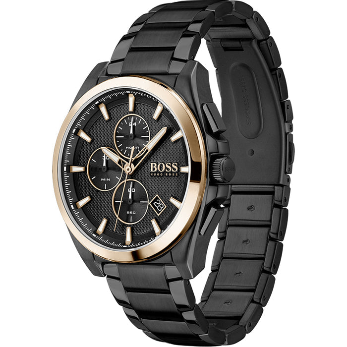 Hugo Boss Grand Prix Chronograph Black Dial Black Steel Strap Watch for Men - 1513578