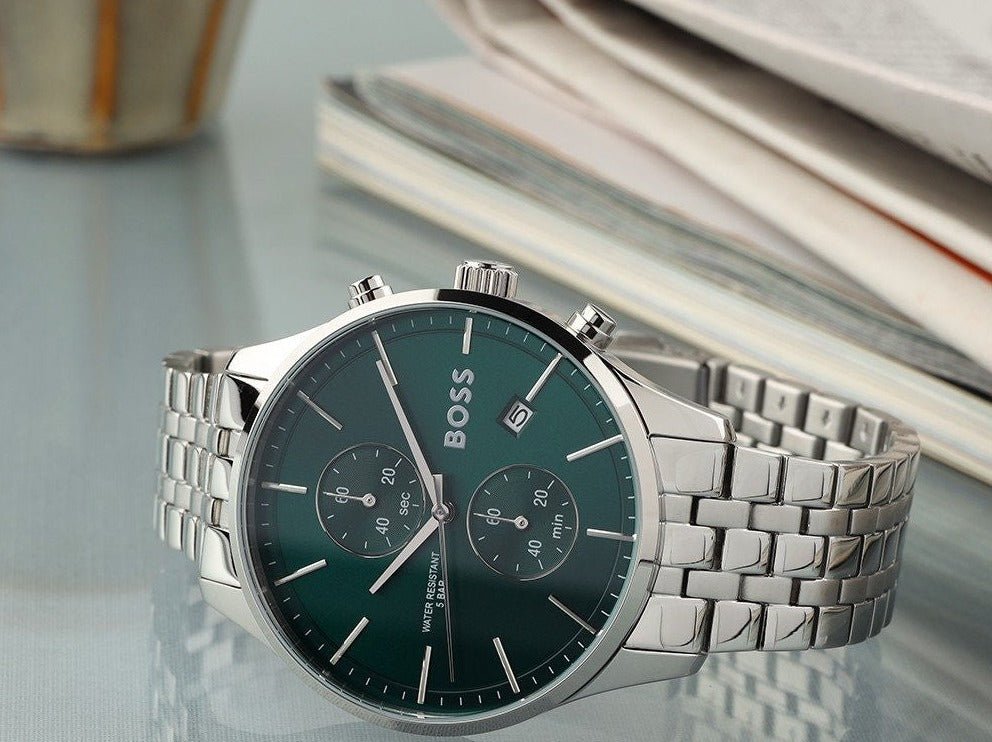 Hugo Boss Associate Chronograph Green Dial Silver Steel Strap Watch for Men - 1513975
