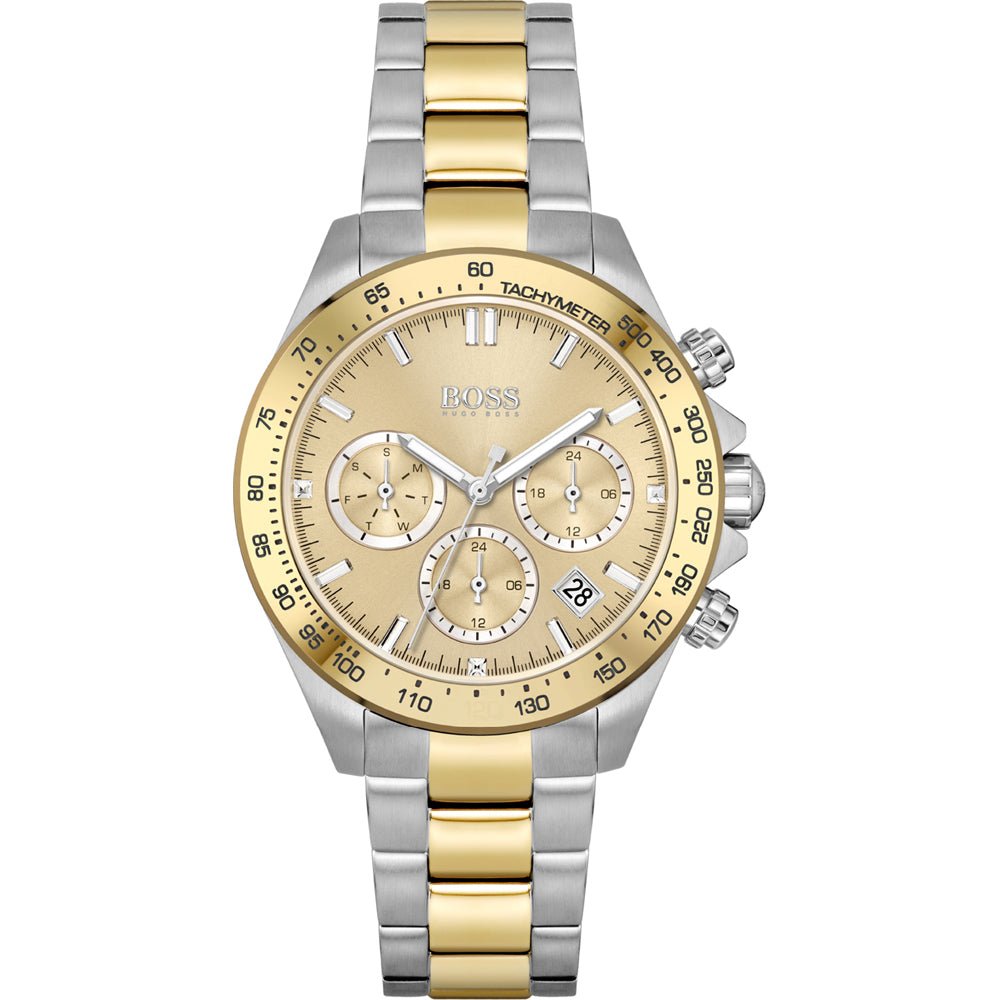 Hugo Boss Novia Chronograph Gold Dial Two Tone Steel Strap Watch for Women - 1502618