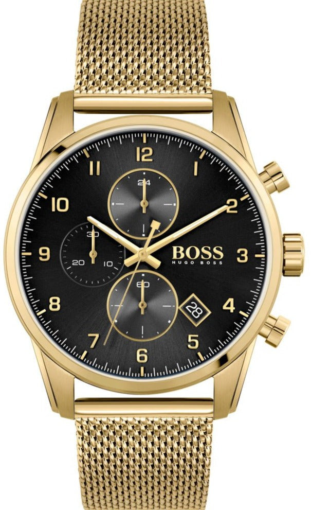 Hugo Boss Skymaster Chronograph Black Dial Gold Mesh Bracelet Watch for Men - 1513838